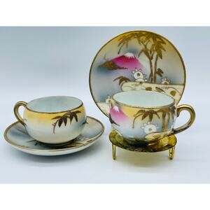 Shofu Teacup & Saucer From Japan, Mt Fuji, Hand Painted, Thick Gold Moriage.